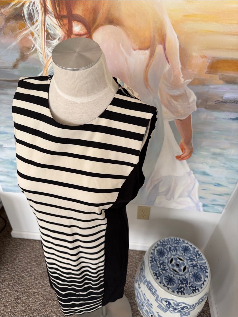 J. McLaughlin Black and Cream Striped Sheath Dress